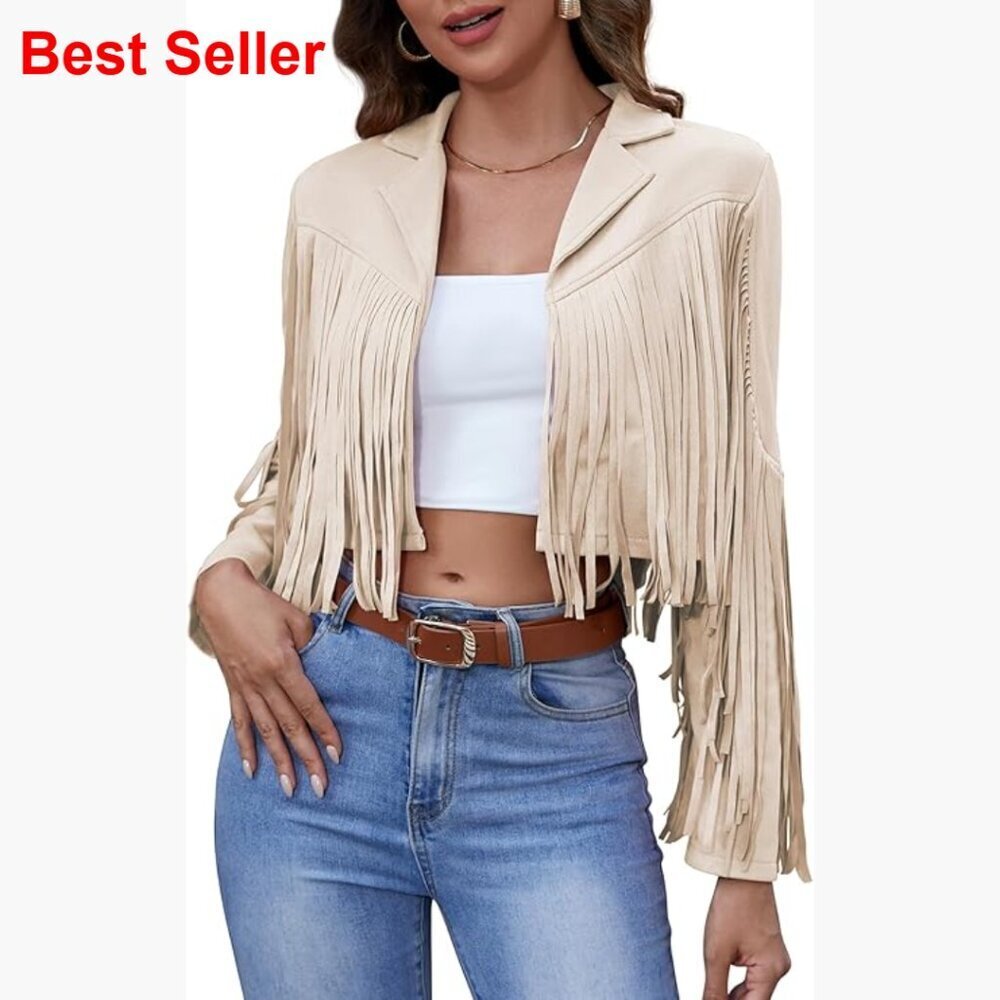Faux Leather Jacket with Fringe Tassels Cropped Motorcycle Style
